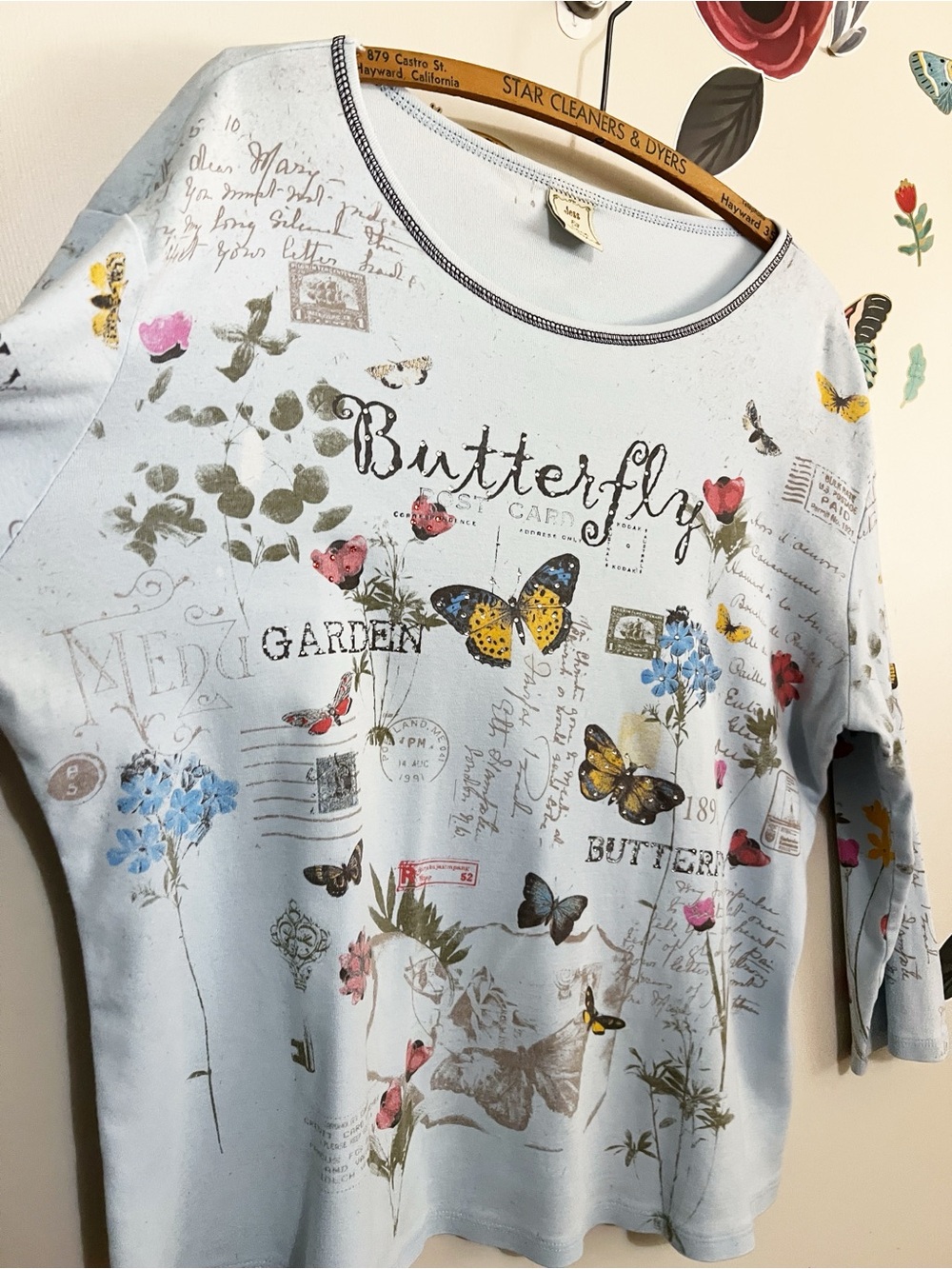 Butterfly Garden Light Blue Y2K Long-Sleeve Top XXL - Picture 2 of 6